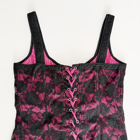 [Tripp NYC] Black Pink Y2K Floral Print Lace Hook & Eye Corset Top Size Large L - Picture 4 of 12
